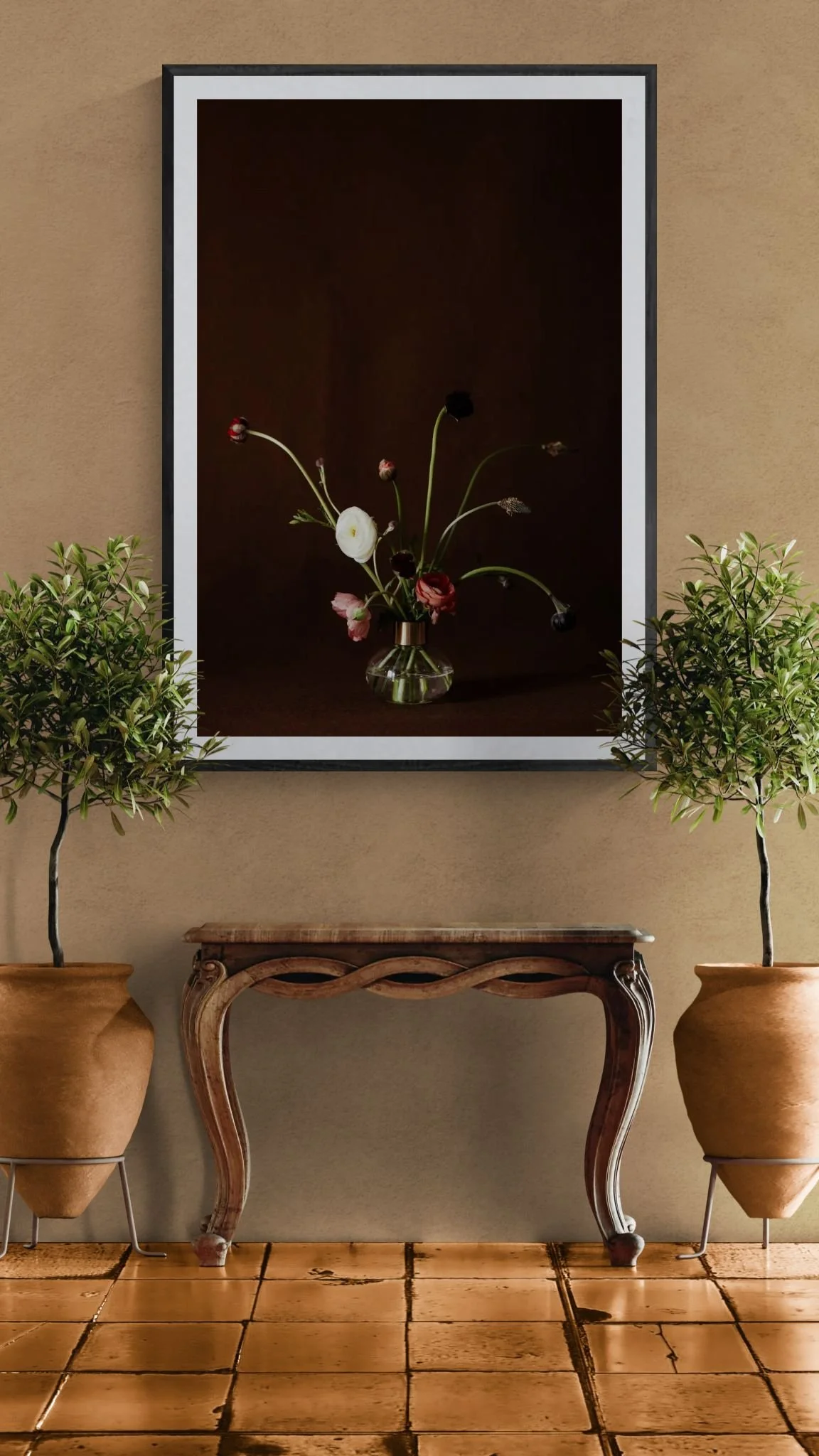 Hallway with a wooden console table and shrubs.jpeg