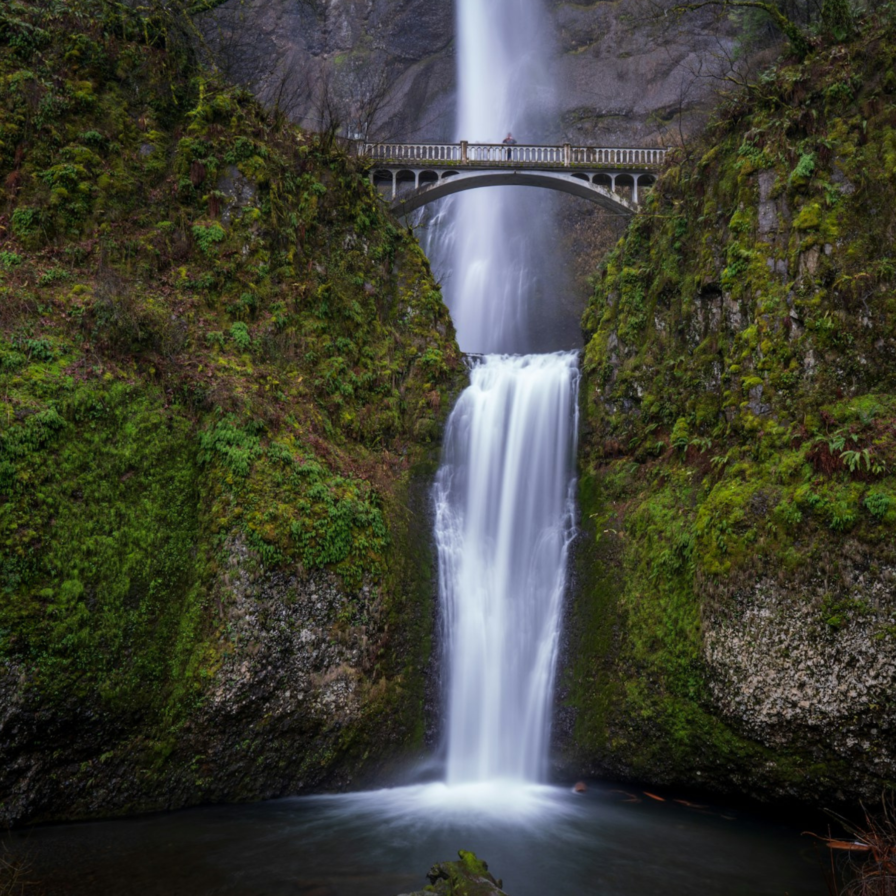 A tall waterfall flowing into a pool at the bottom, surrounded by moss-covered rocks and lush green foliage, with a bridge crossing the waterfall mid-height.