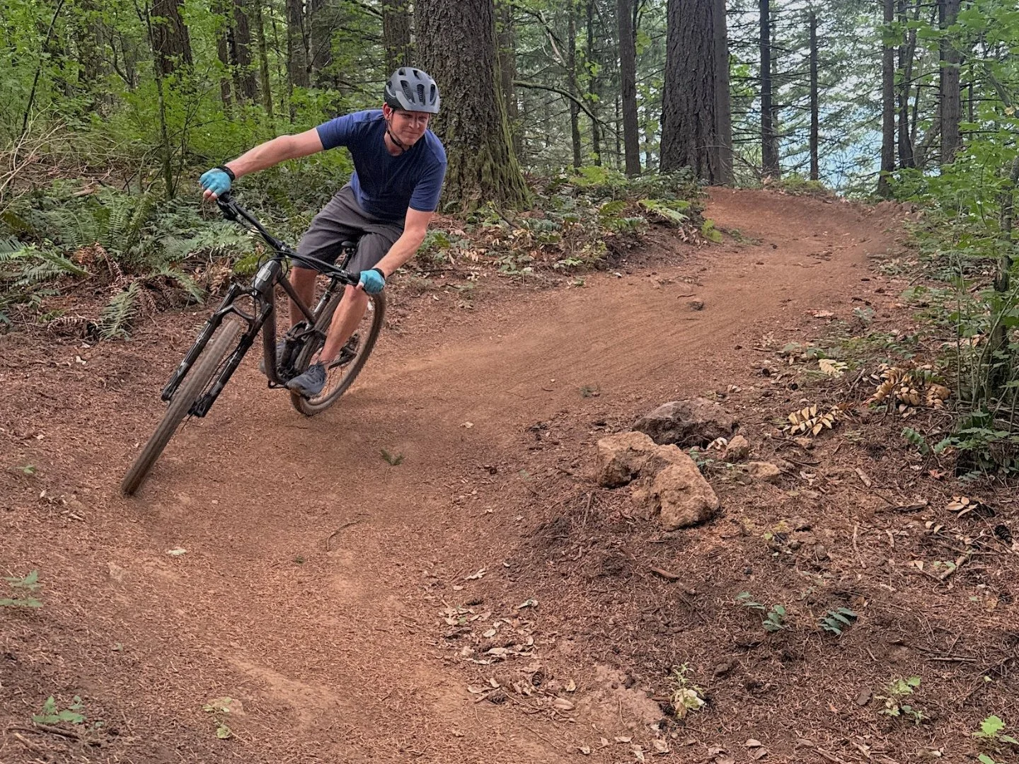 A man wearing a blue T-shirt, black helmet, and gloves riding a mountain bike on a dirt path through a forest.