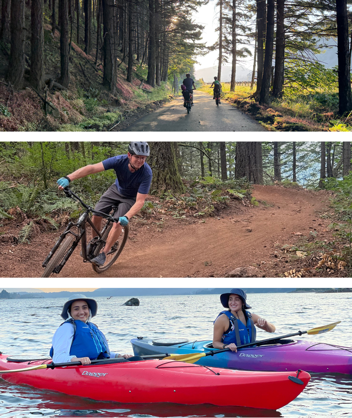 A collage of three outdoor adventure scenes: the top image shows three people riding mountain bikes on a forest trail during sunset, the middle image features a person mountain biking on a dirt trail in a dense forest, and the bottom image depicts two women kayaking on a lake, smiling and wearing life jackets and sun hats.