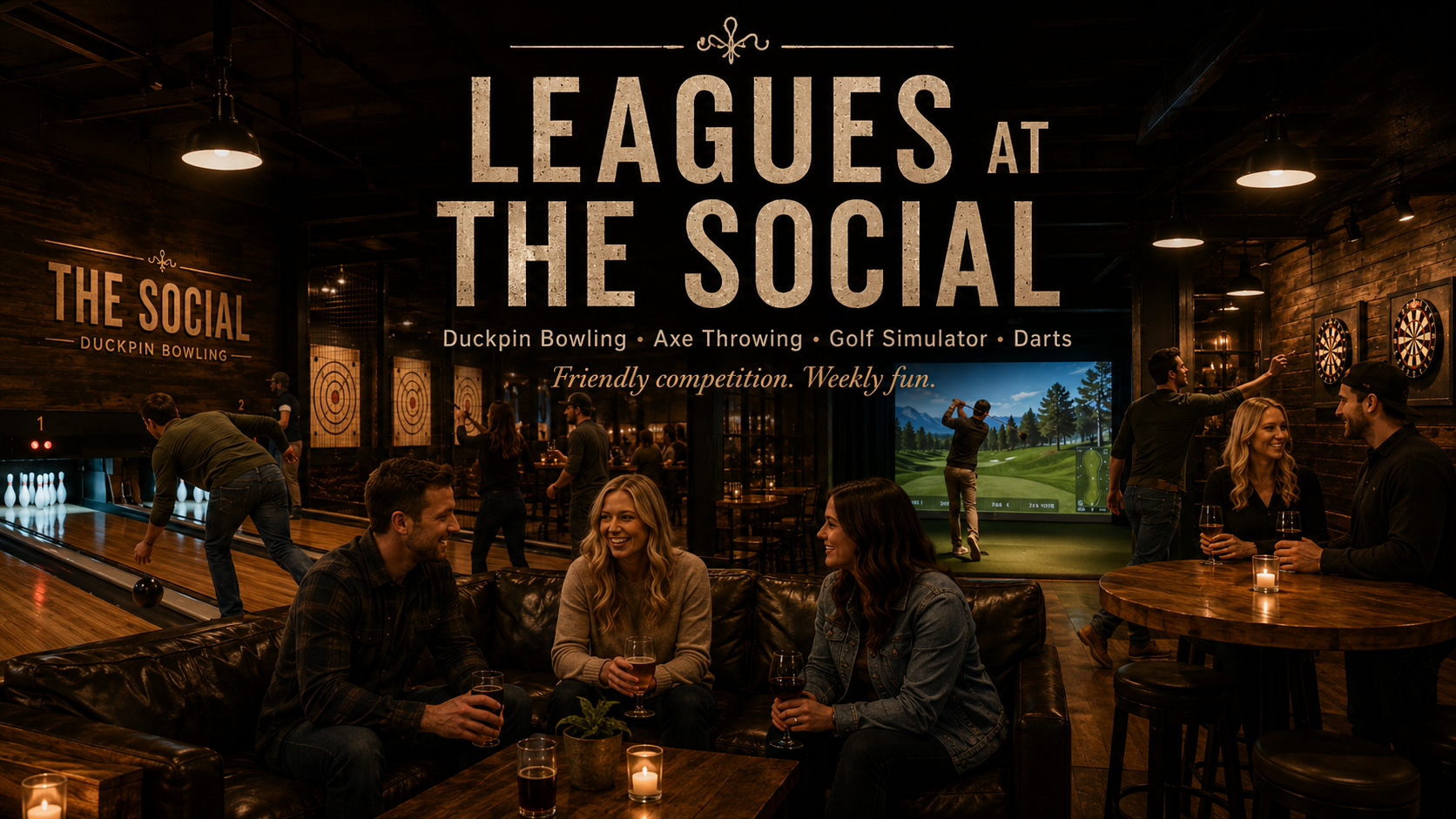 People socializing and playing indoor games at a bar with dartboards and a large sign reading "Leagues at the Social".