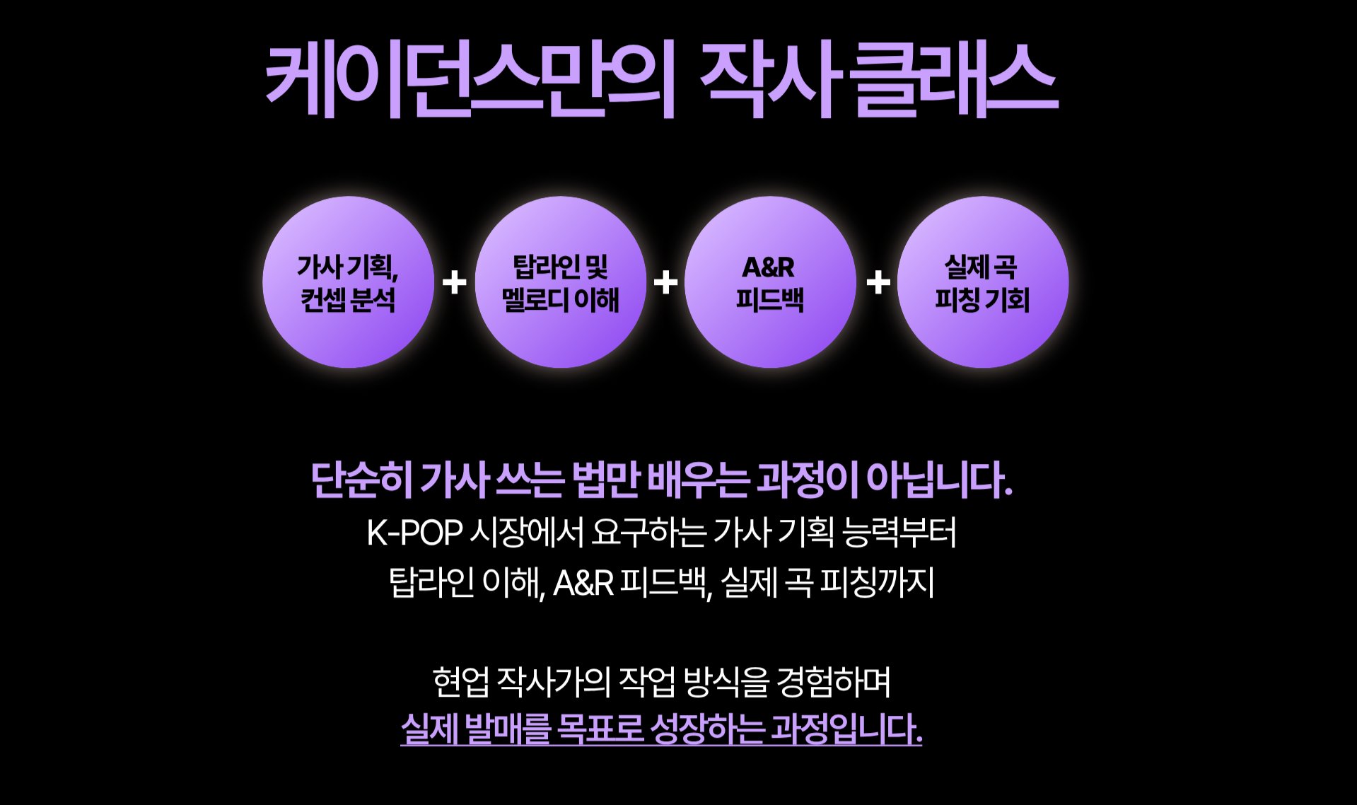 케이던스만의 작사 클래스 - 가사 기획·컨셉 분석, 탑라인 및 멜로디 이해, A&R 피드백, 실제 곡 피칭 기회. K-POP 시장이 요구하는 가사 기획부터 실제 발매까지 현업 작사가의 작업 방식을 경험.