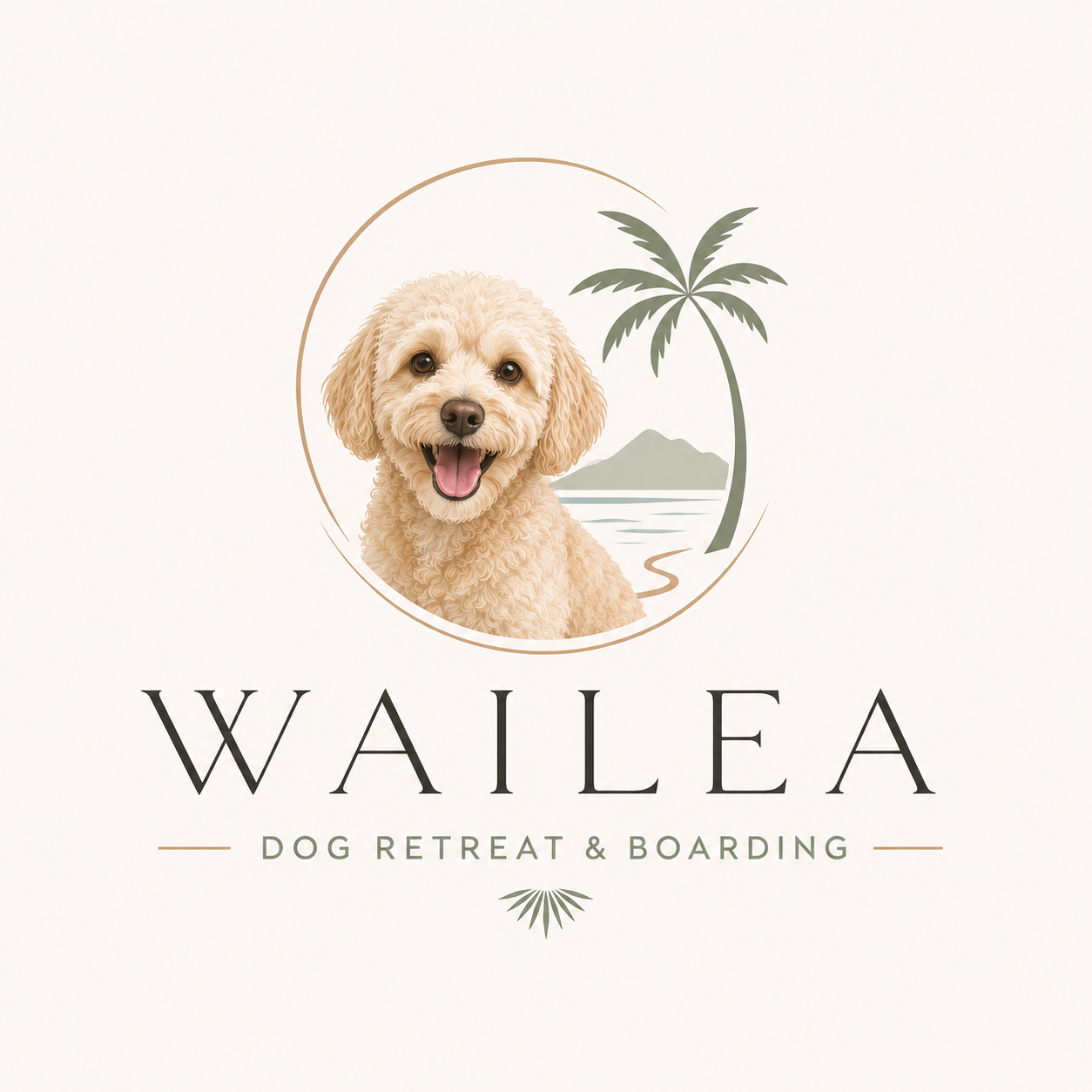 Kihei, Maui and Luxury Pet Boarding and logo for Wailea Dog Retreat & Boarding featuring a smiling curly-haired dog, a palm tree, a mountain, and water.