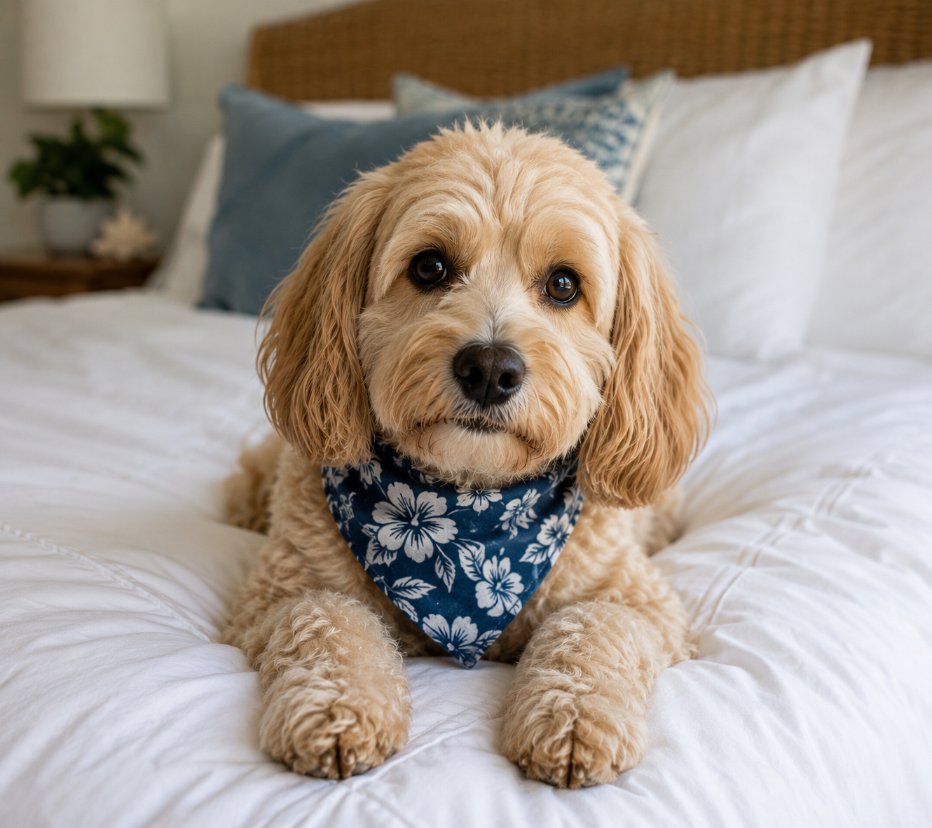 A light brown poodle with a curly coat and floppy ears, wearing a blue bandana with white floral pattern, sitting on a bed with white bedding and blue pillows in the background.