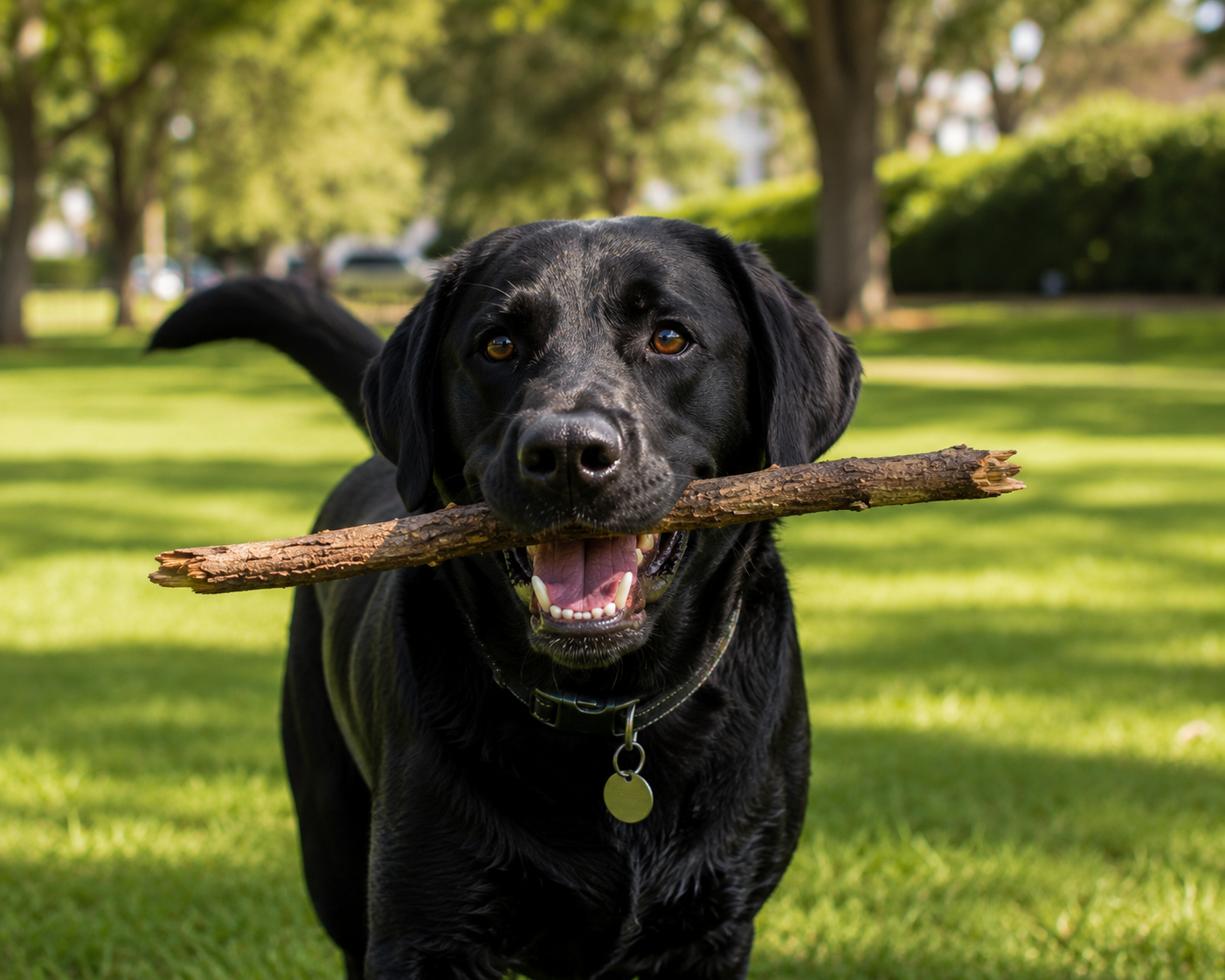 Black Labrador Retriever dog holding a stick in its mouth outdoors in a park.