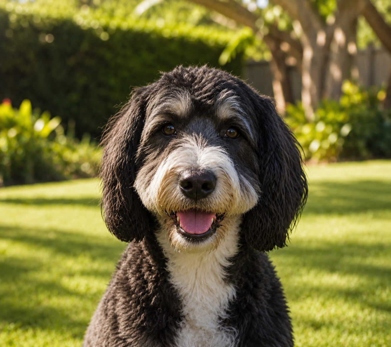 A black and white dog with long ears sitting on grass in a backyard with trees and bushes.
