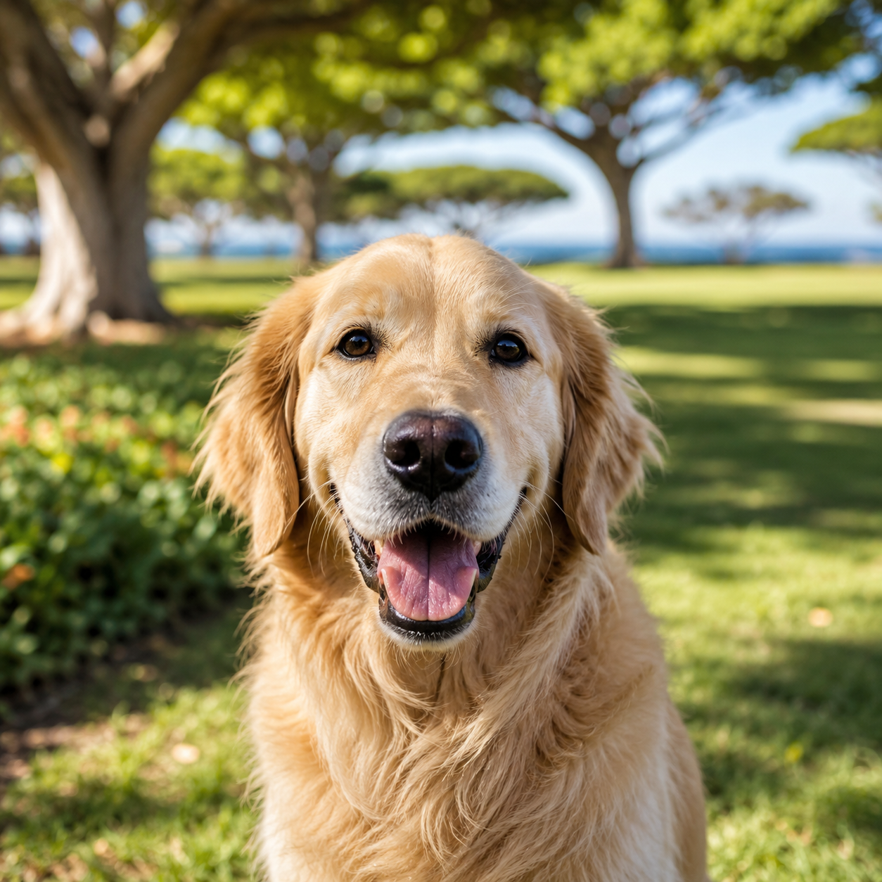 Close-up of a golden retriever dog outdoors in a park with trees and grass.