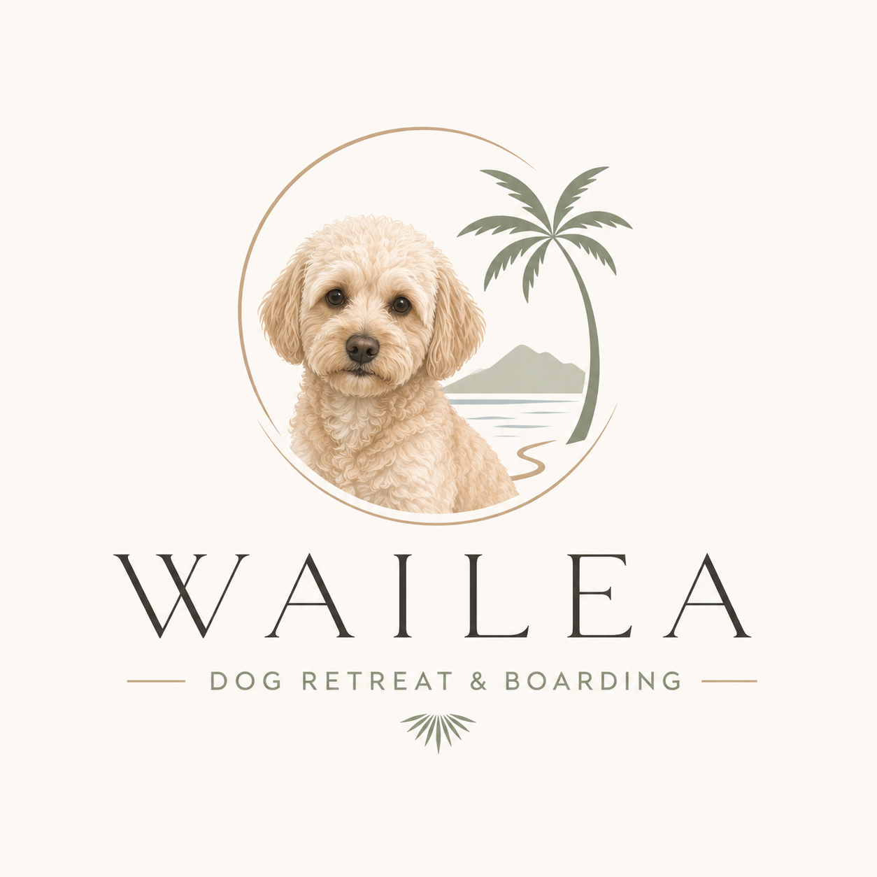 Logo for Wailea Dog Retreat & Boarding featuring a poodle with a beach and palm tree background.