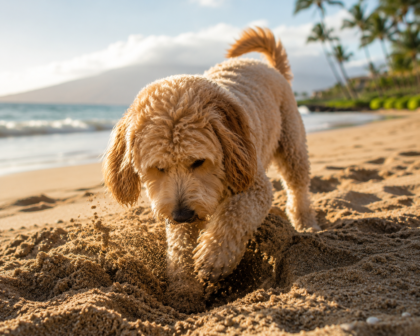 A fluffy light-colored dog playing in the sand on a beach with palm trees and ocean in the background.