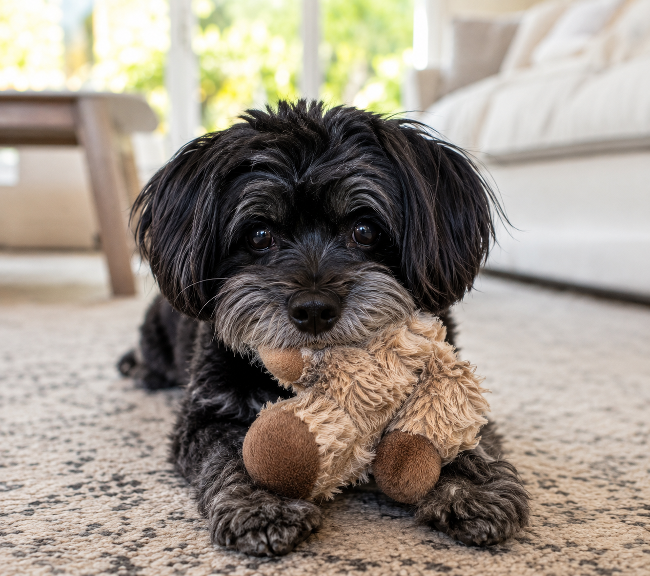 A small black and gray dog with long ears lying on a beige carpet, holding a plush teddy bear in its mouth, in a bright living room.