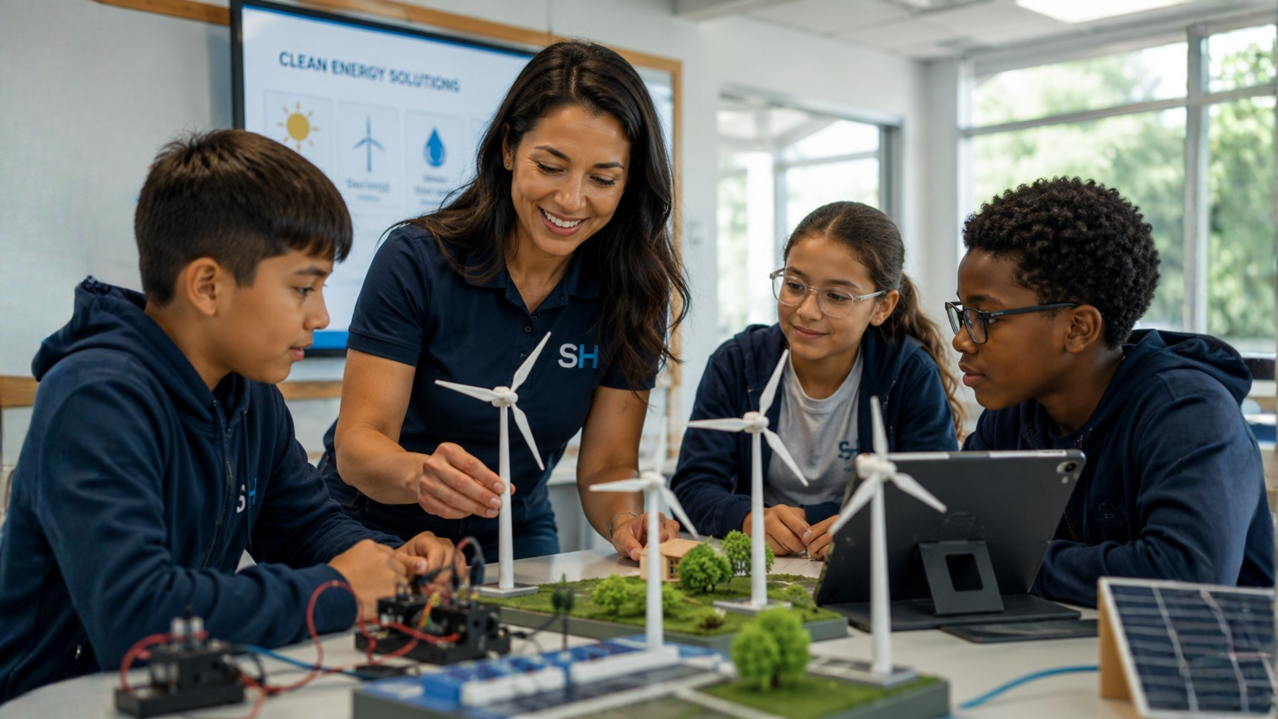 A teacher and four students exploring renewable energy models, including small wind turbines and solar panels, in a classroom.