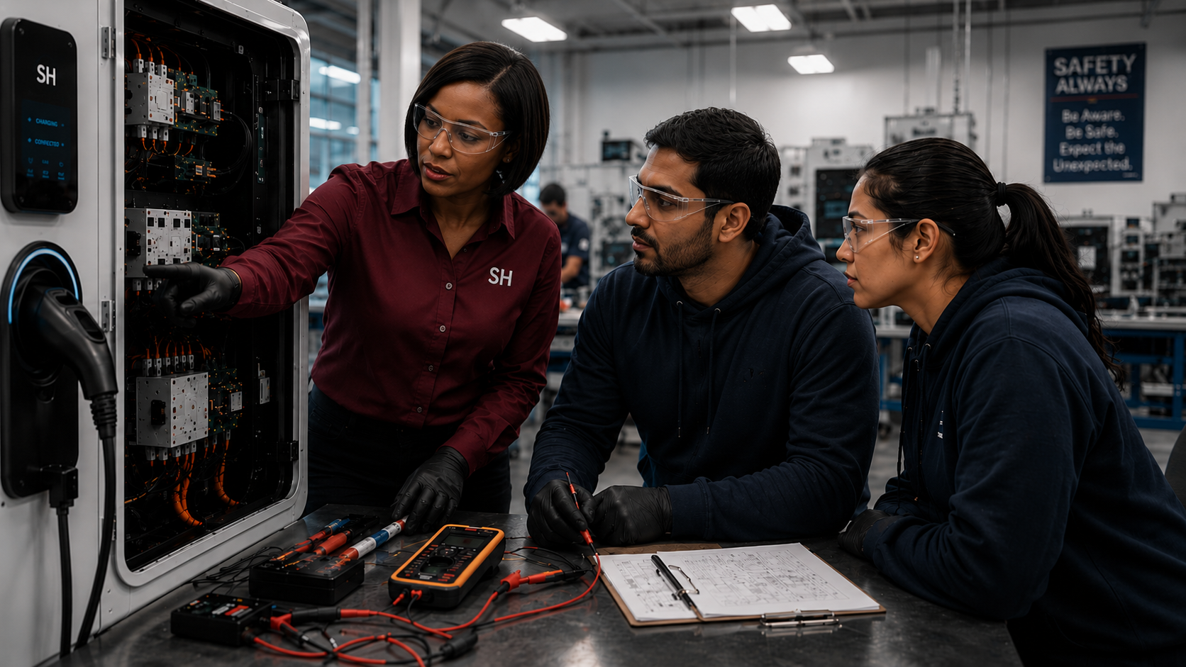 An instructor explains electrical work on a machinery panel to two students in a classroom or workshop setting, with tools and diagrams on the table.