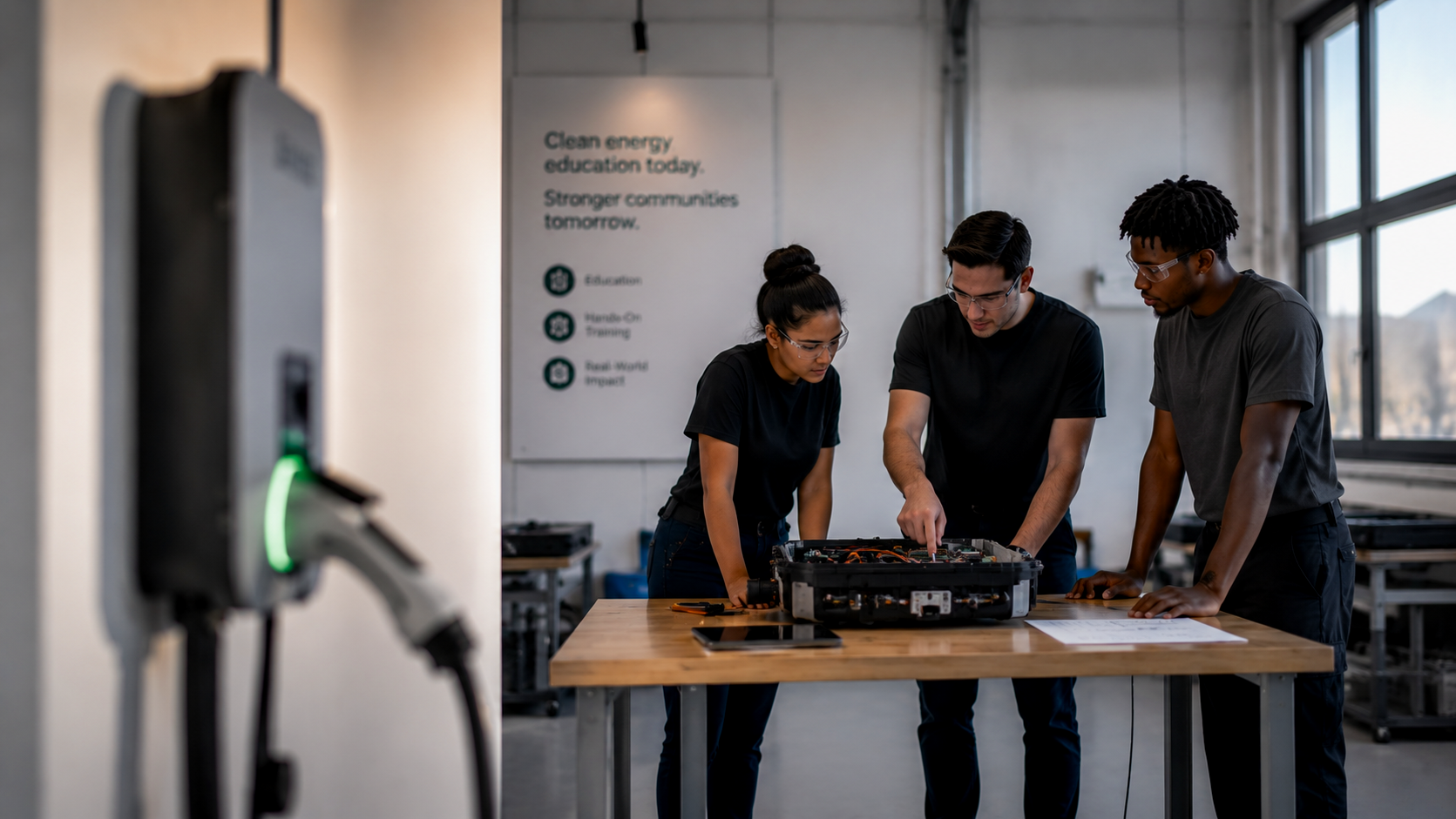 Three people working on a robotic device at a wooden table in a well-lit industrial workshop, with a large window and a poster about clean energy education on the wall.