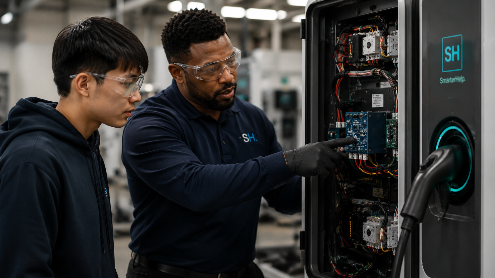 Two technicians working on an open electrical machine, with one pointing at a circuit board inside and both wearing safety goggles.