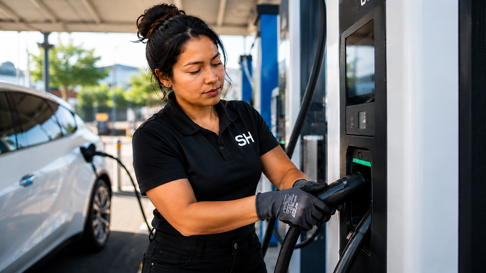 A woman is charging an electric vehicle at a gas station, wearing black gloves and a black polo shirt with the letters 'SH' on it.