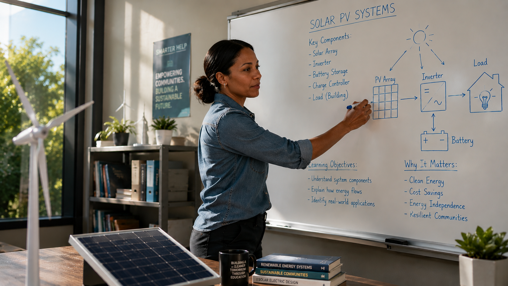 A woman in a denim shirt writes on a whiteboard about solar PV systems, with diagrams of a solar array, inverter, battery, and home load, in a room with large windows, potted plants, and shelves of books.
