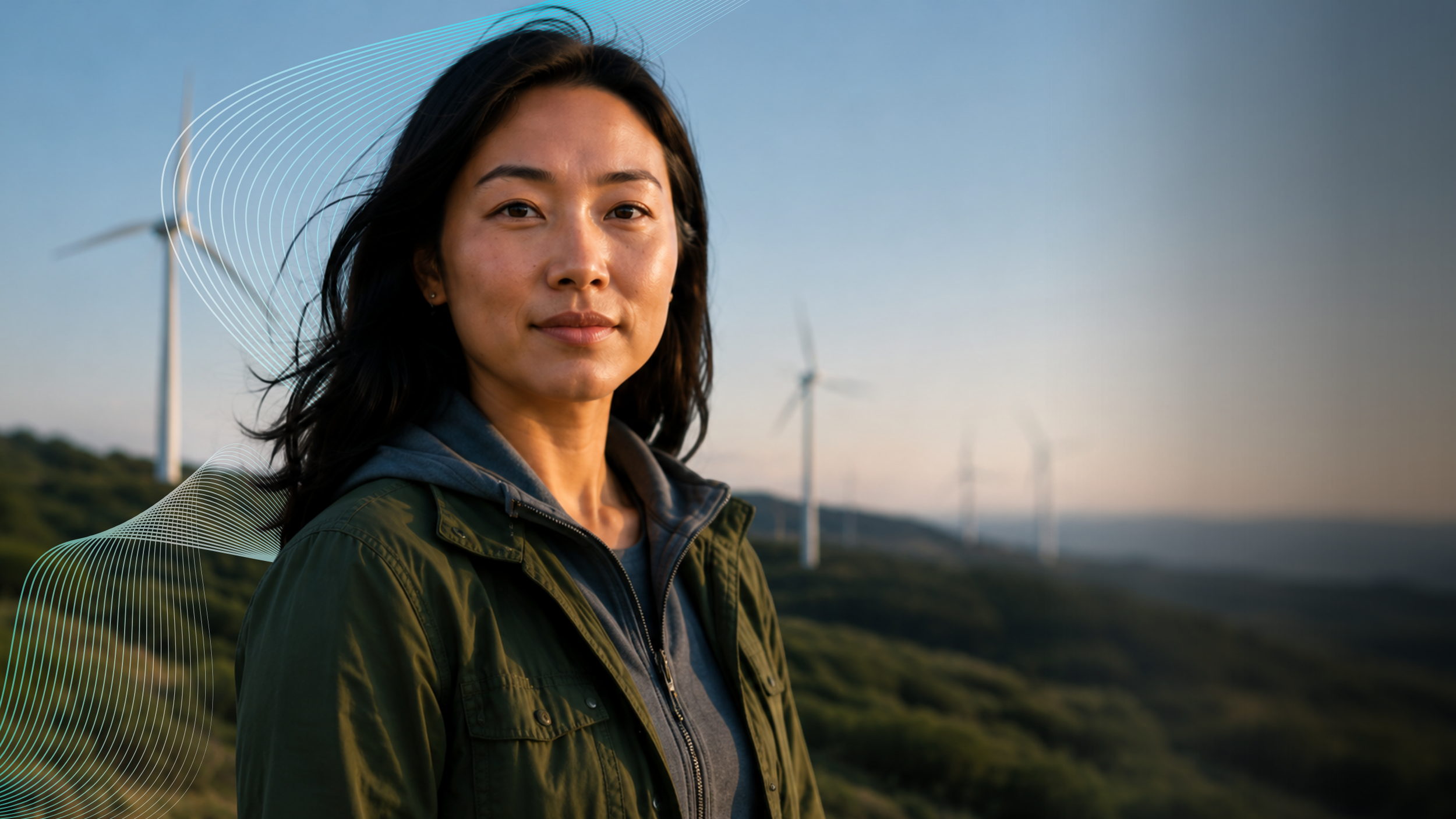 A woman standing outdoors near wind turbines during sunset, wearing a green jacket and a gray hoodie, with wind turbines in the background.
