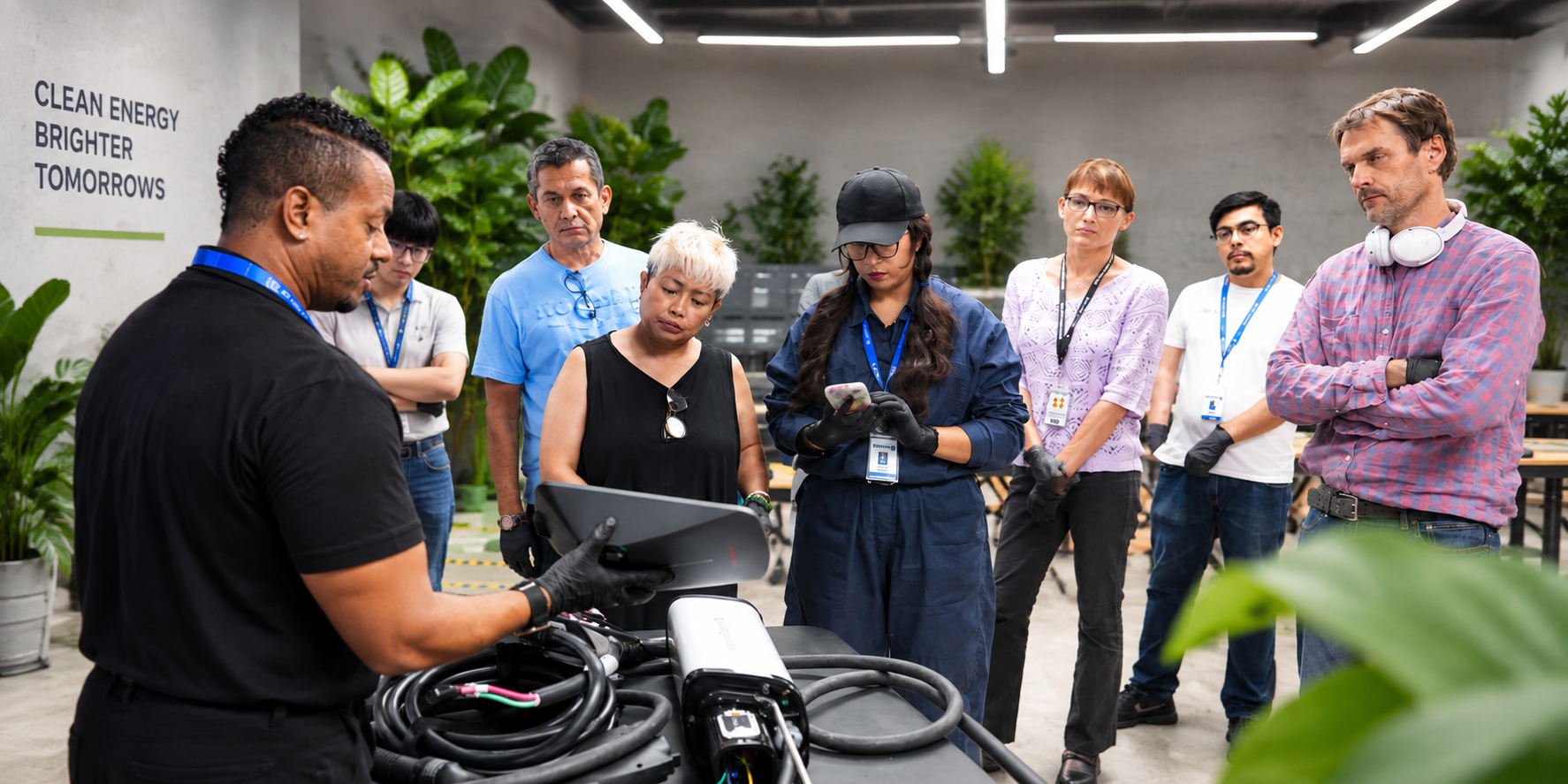 Group of people attending a presentation or demonstration about green energy, with a man demonstrating electric vehicle components to a diverse audience in a modern, plant-filled room.