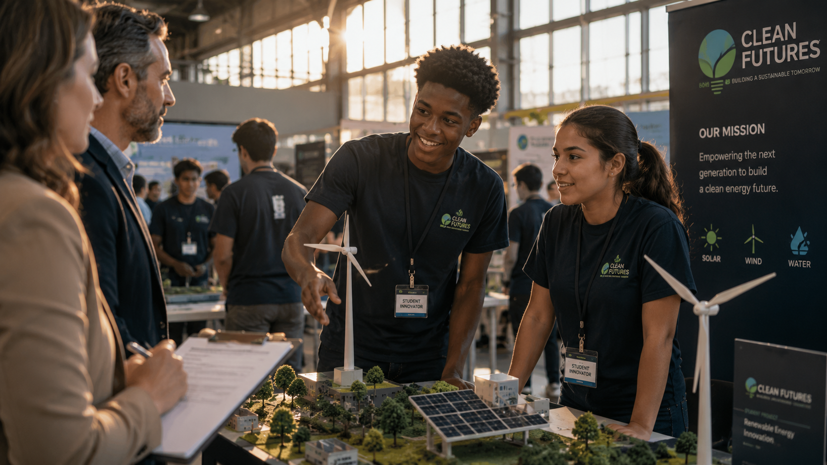 Students presenting renewable energy models at a sustainable energy expo, with a large banner displaying the 'Clean Futures' logo in the background.