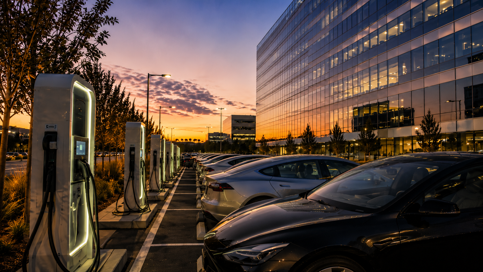 Electric vehicle charging station next to a row of parked cars in a modern, glass office building parking lot during sunset.