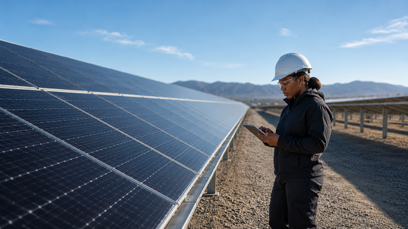 A woman wearing safety glasses and a white hard hat standing next to solar panels in a solar farm, using a tablet computer.