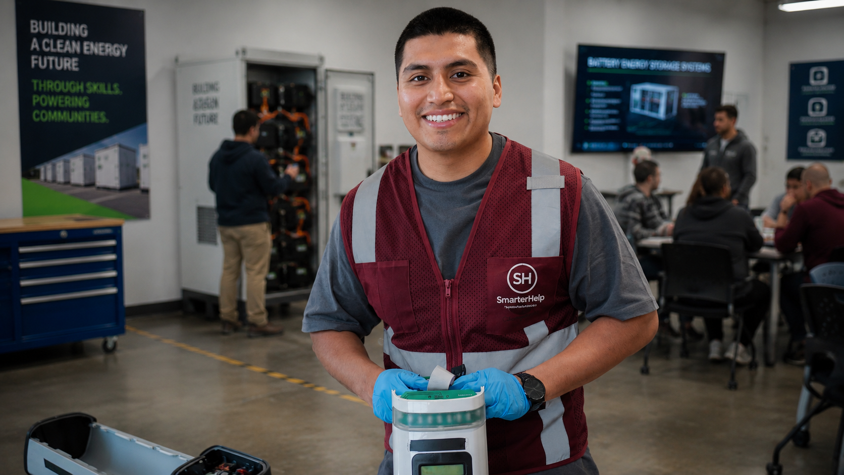 A smiling young man in a safety vest and gloves holding a digital device in a workshop or classroom setting, with other people and presentation screens in the background.