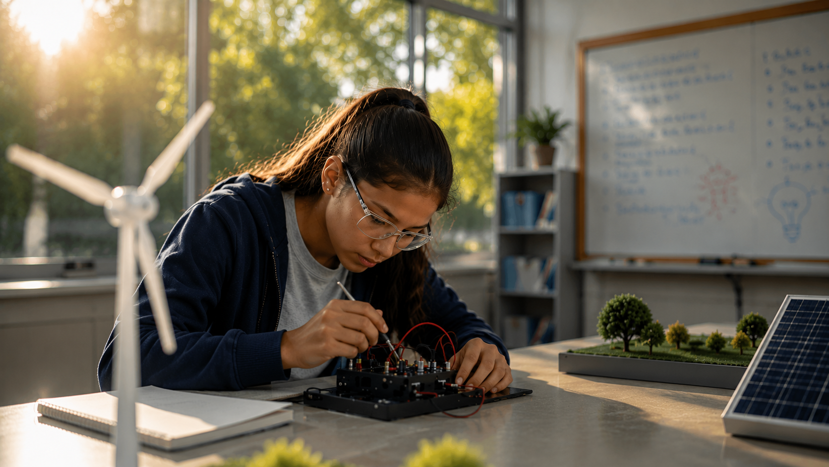 Young woman working on a small wind turbine and solar panel models in a classroom with a whiteboard and bookshelf in the background, sunny outside.