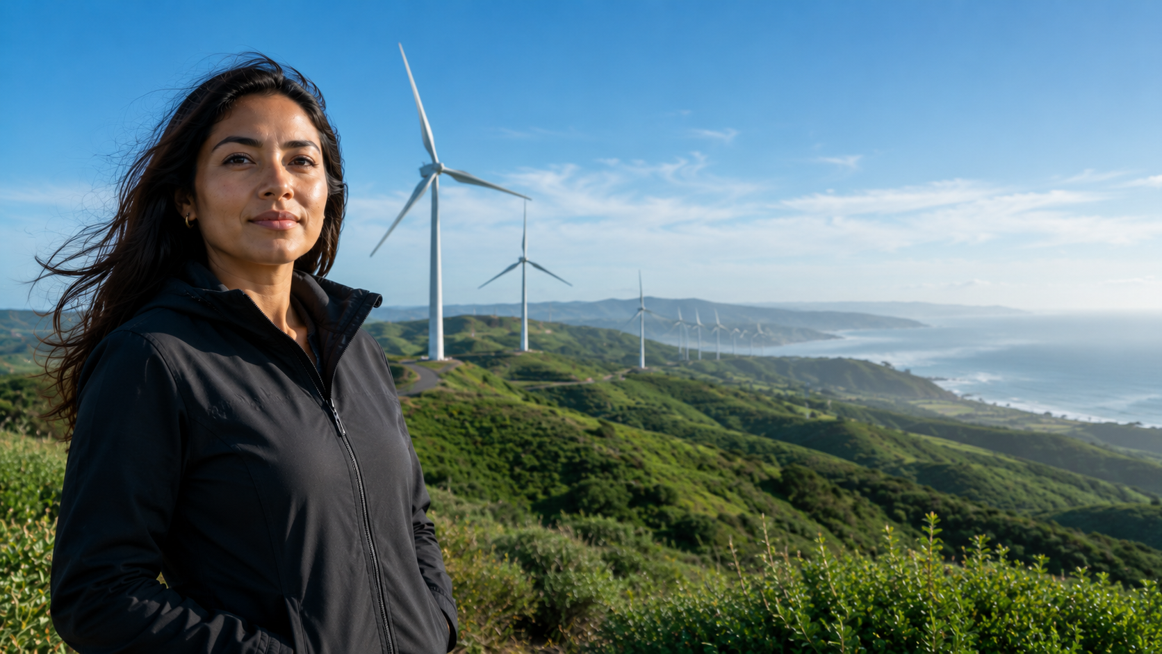 A woman in a black jacket standing outdoors with wind turbines and green hills in the background, along a coastline.