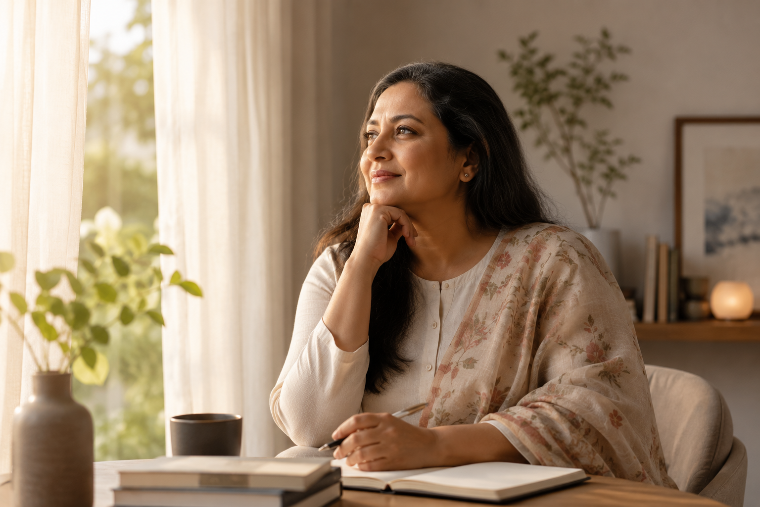 A woman with dark hair sitting at a wooden table, gazing thoughtfully out a window. She has a notebook open in front of her, a pen in her hand, and is resting her chin on her hand. There are books, a plant, and a cup on the table, with sunlight streaming through beige curtains in a cozy room.