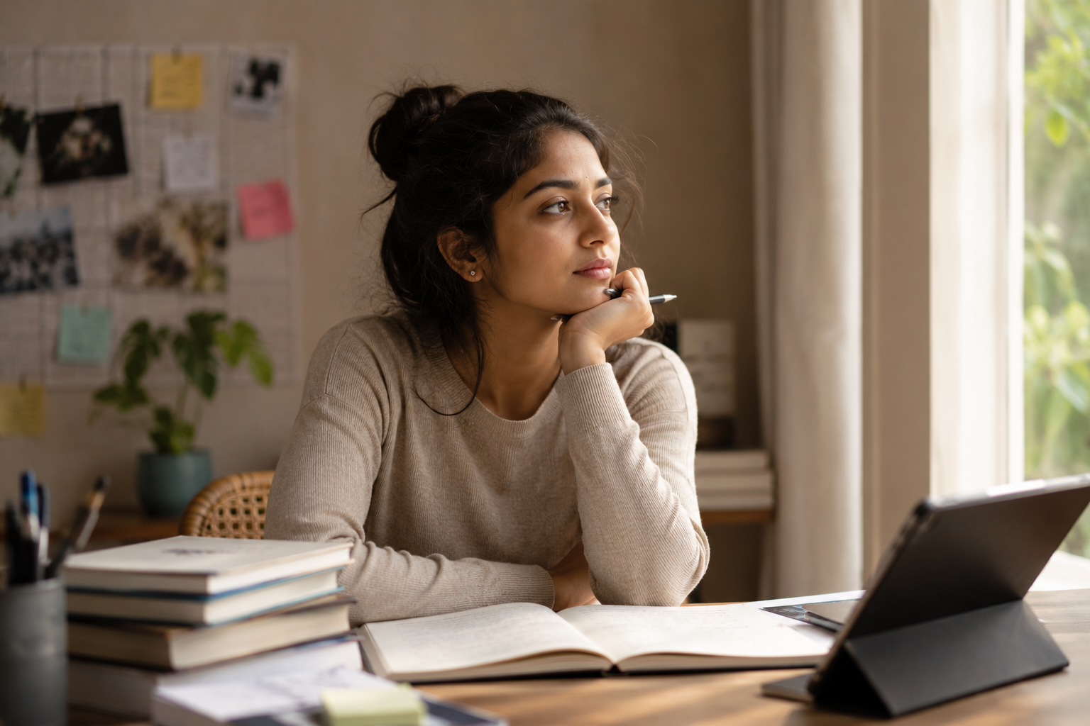 A young woman with dark hair in a bun sitting at a cluttered desk, looking contemplative while reading a book and holding a pen, with a tablet on a stand and a window with curtains to her right