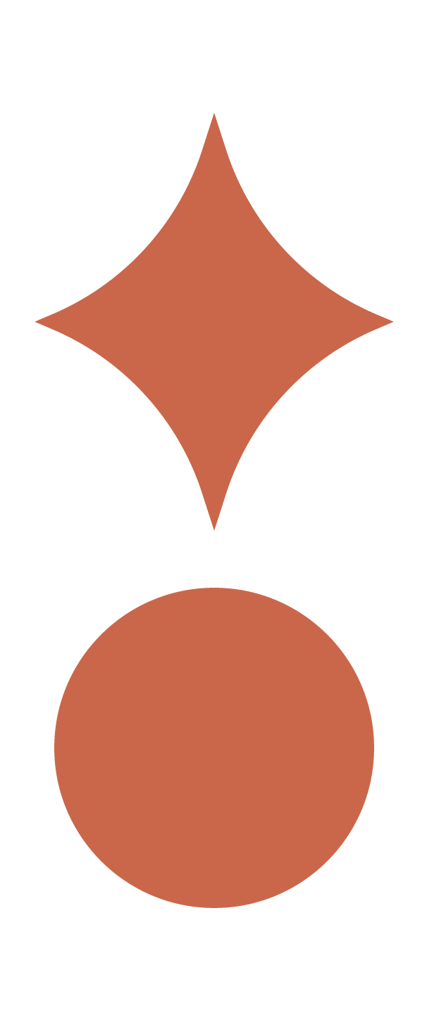 Two geometric shapes, a star or diamond shape above a circle, both in a reddish-brown color on a black background.