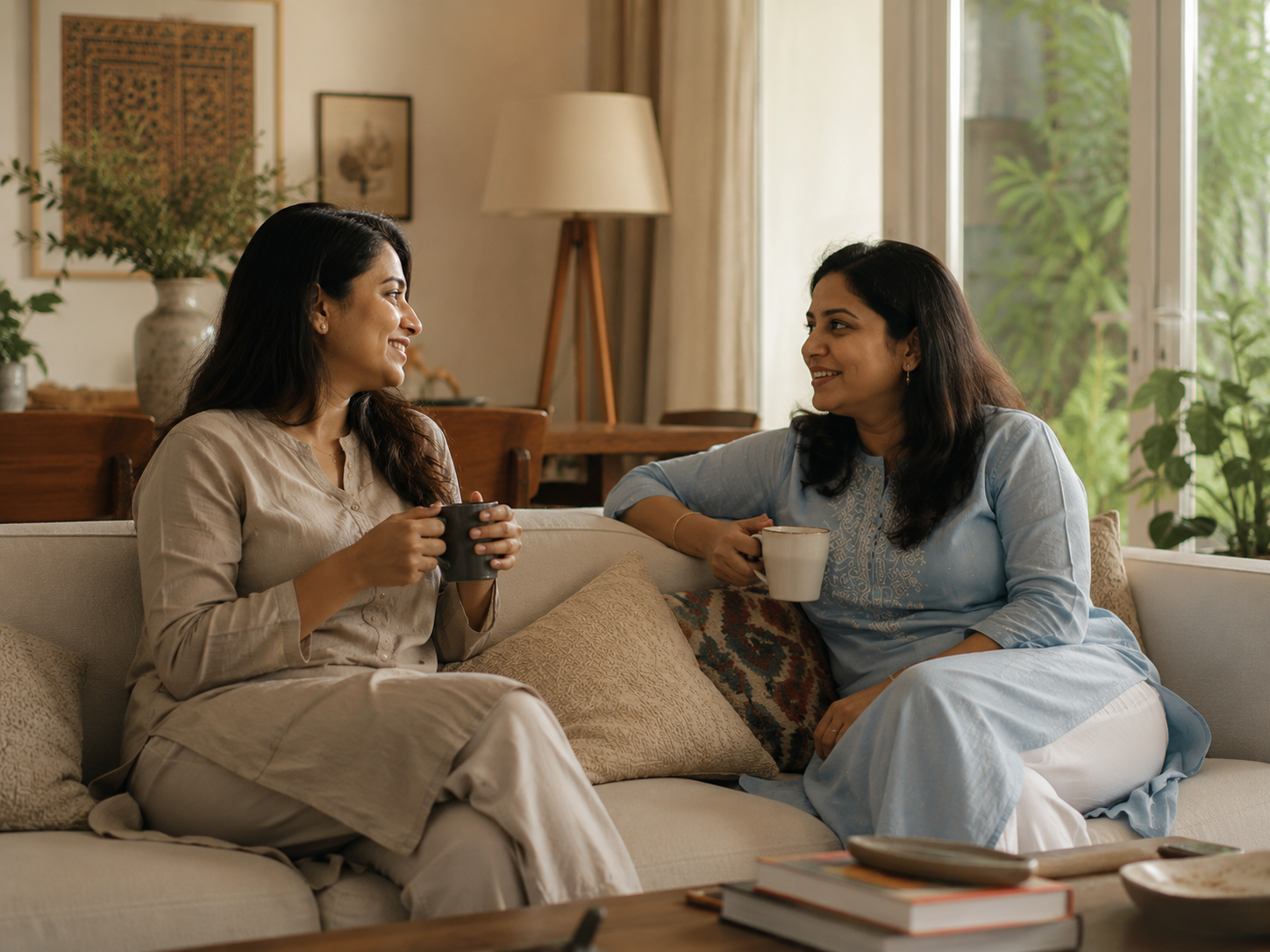 Two women sitting on a sofa in a cozy living room, smiling and talking while holding mugs of coffee.