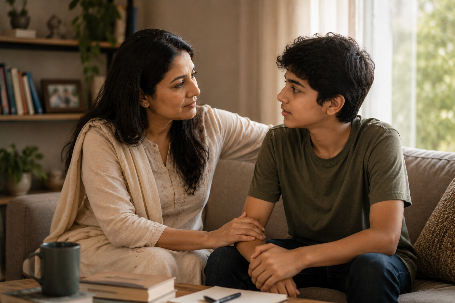A woman and a teenage boy sitting on a beige sofa in a living room, engaging in a serious conversation. The woman gently holds the boy's arm, and they look at each other. Behind them is a bookshelf with books and decorative items, and a large window letting in natural light.