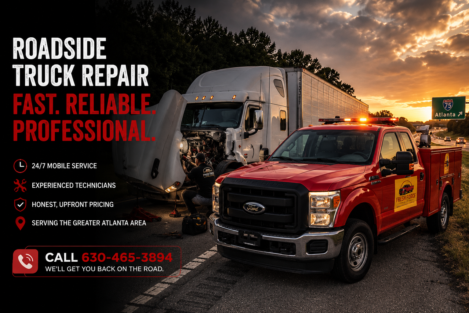 A roadside truck repair service advertisement featuring a red and black service truck with a Fresht Force logo, parked beside a large white semi-truck with an open hood, alongside a highway at sunset. The ad highlights 24/7 mobile service, experienced technicians, honest pricing, serving the greater Atlanta area, and provides a contact phone number.