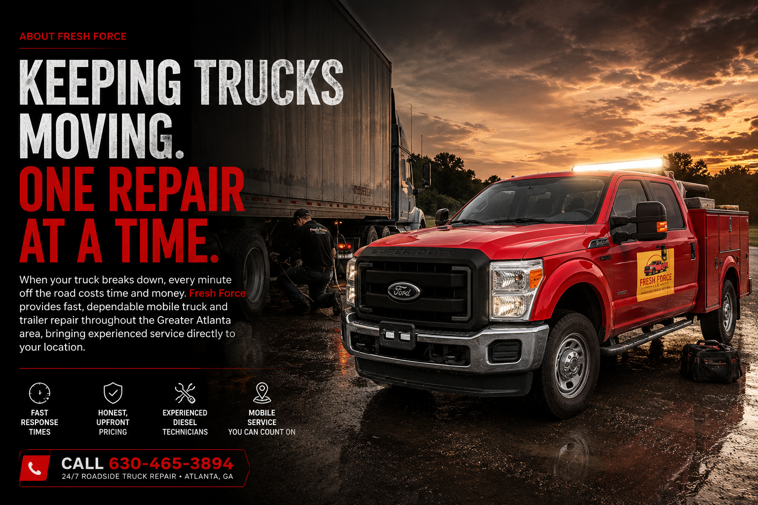 A red roadside truck repair vehicle with the logo 'Fresh Force' parked on a wet road at sunset. A mechanic is working underneath the truck, and the scene emphasizes fast, reliable mobile truck repairs in the Greater Atlanta area.