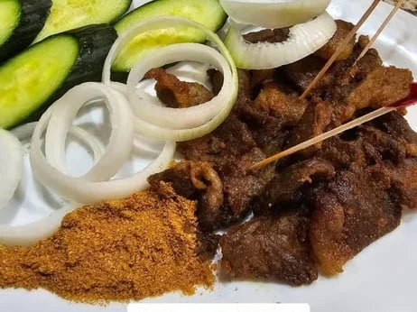 Fried meat skewers with sliced onions, cucumbers, and spices on a white plate
