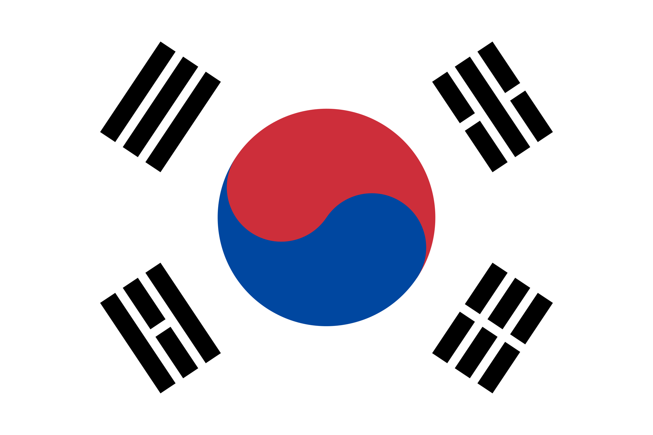 The flag of South Korea with a Taegeuk symbol in the center and four black trigrams in each corner.