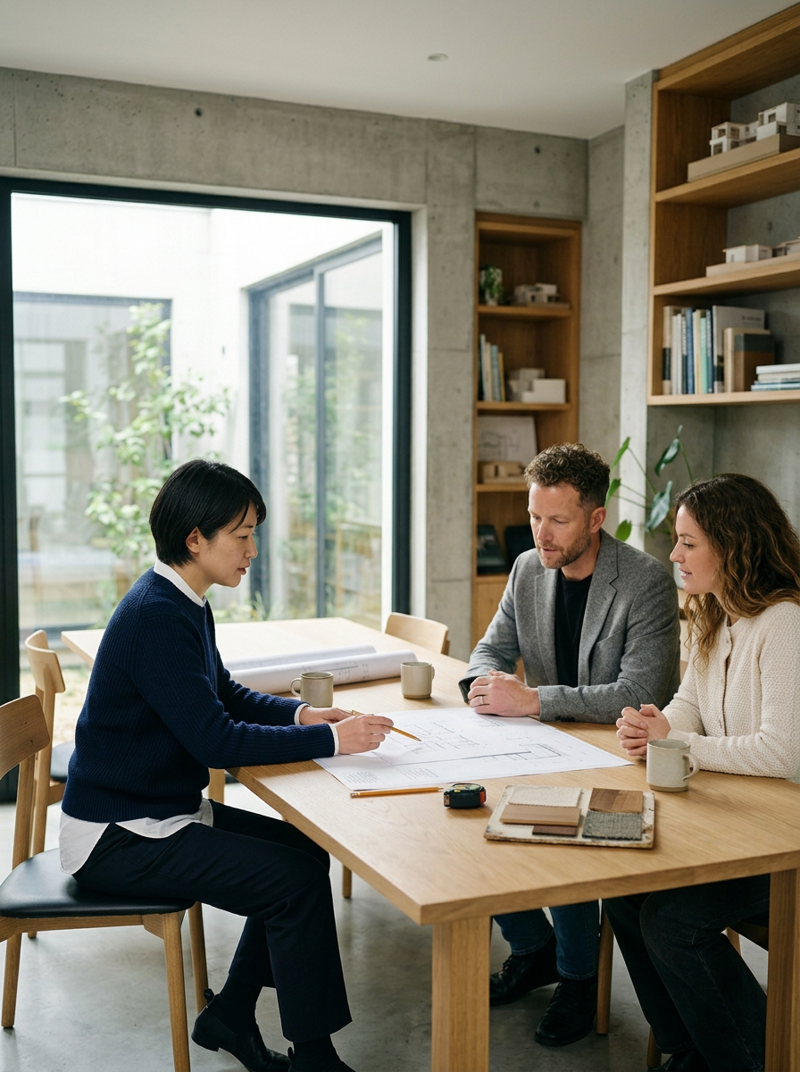 建築の設計に関する打ち合わせをしている3人の人々が木製のテーブルに座っている。