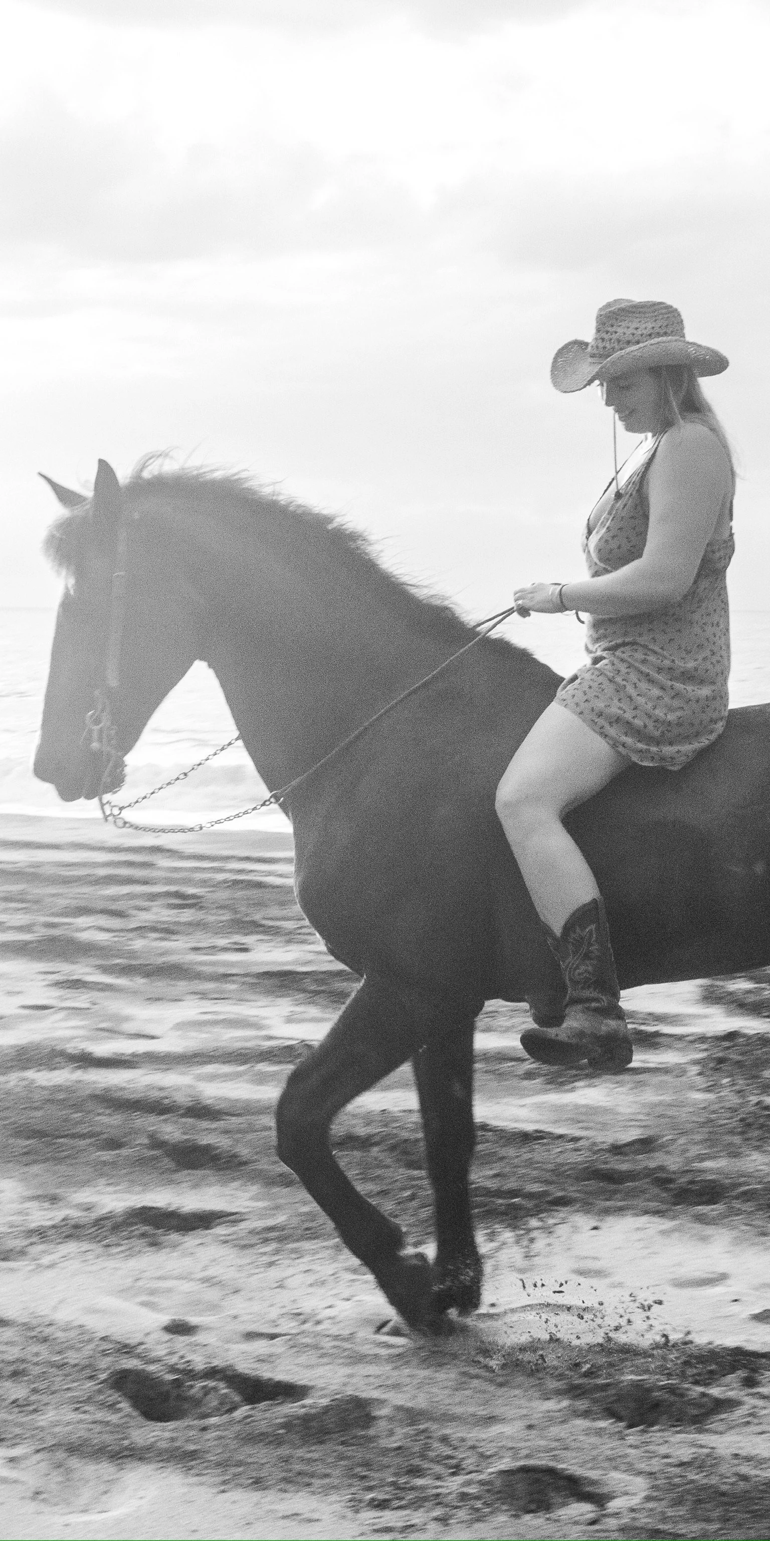 A woman wearing a large sun hat and patterned dress riding a horse along the shoreline at the beach, with waves visible in the background.