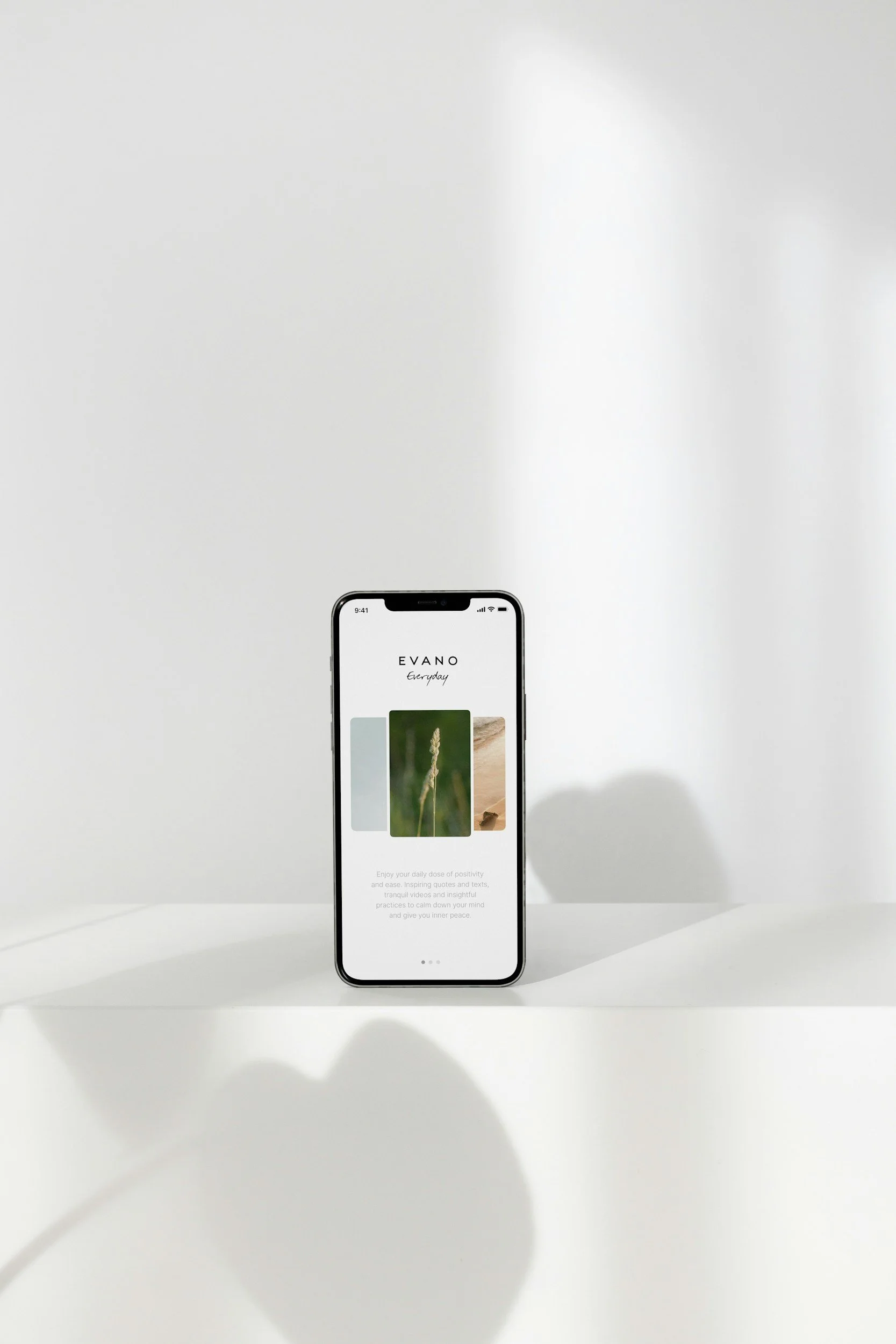 A smartphone displaying an app called 'EVANO Everyday' with images of nature and text about positivity and mindfulness against a plain white background.