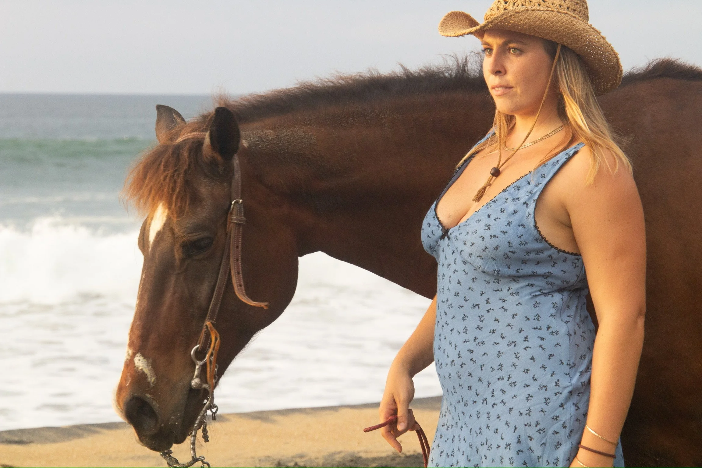 A woman with long blonde hair wearing a straw hat and a blue dress with small black patterns, standing on a beach near the ocean, holding a brown horse by the reins, with the sea in the background.