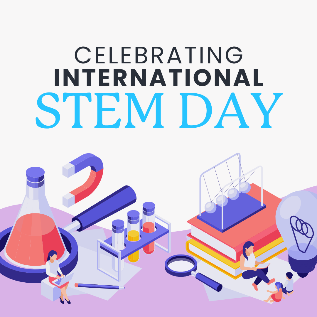 Illustration celebrating International STEM Day with laboratory equipment, books, and children learning.