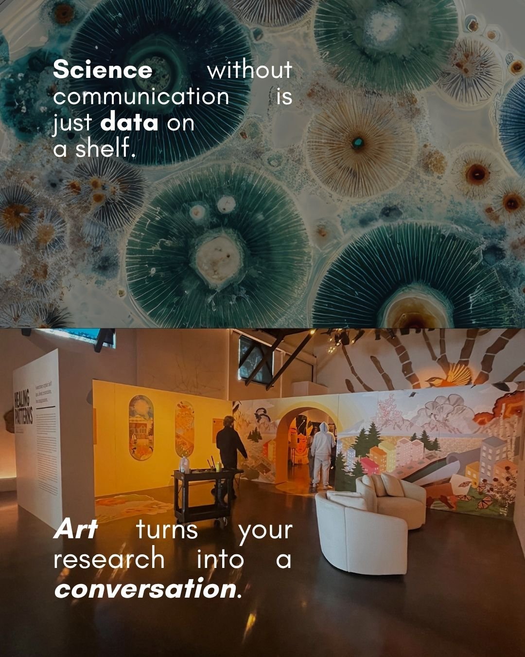 An art gallery with colorful wall murals and sculptures featuring abstract patterns and natural scenes, with a seating area and visitors observing the artwork.