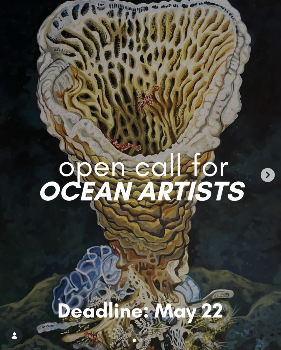 A sea shell with coral and marine creatures inside, and the text 'Open call for ocean artists. Deadline: May 22' overlaid.