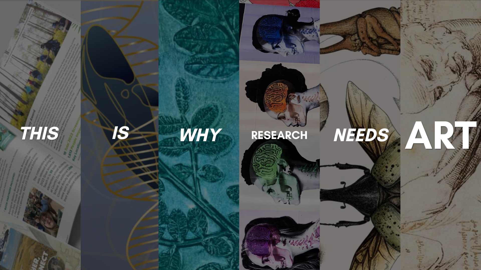 Collage of various images including a woman with children, a DNA strand, a leaf with an anatomical human brain overlay, artworks of human skulls and profiles, and an insect illustration. Overlaid text reads: "This is why research needs art."