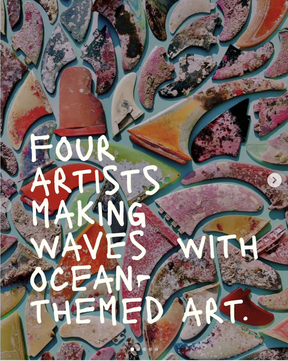 Colorful ocean-inspired mosaic of broken ceramic and glass pieces with the quote: "Four artists making waves with ocean-themed art."