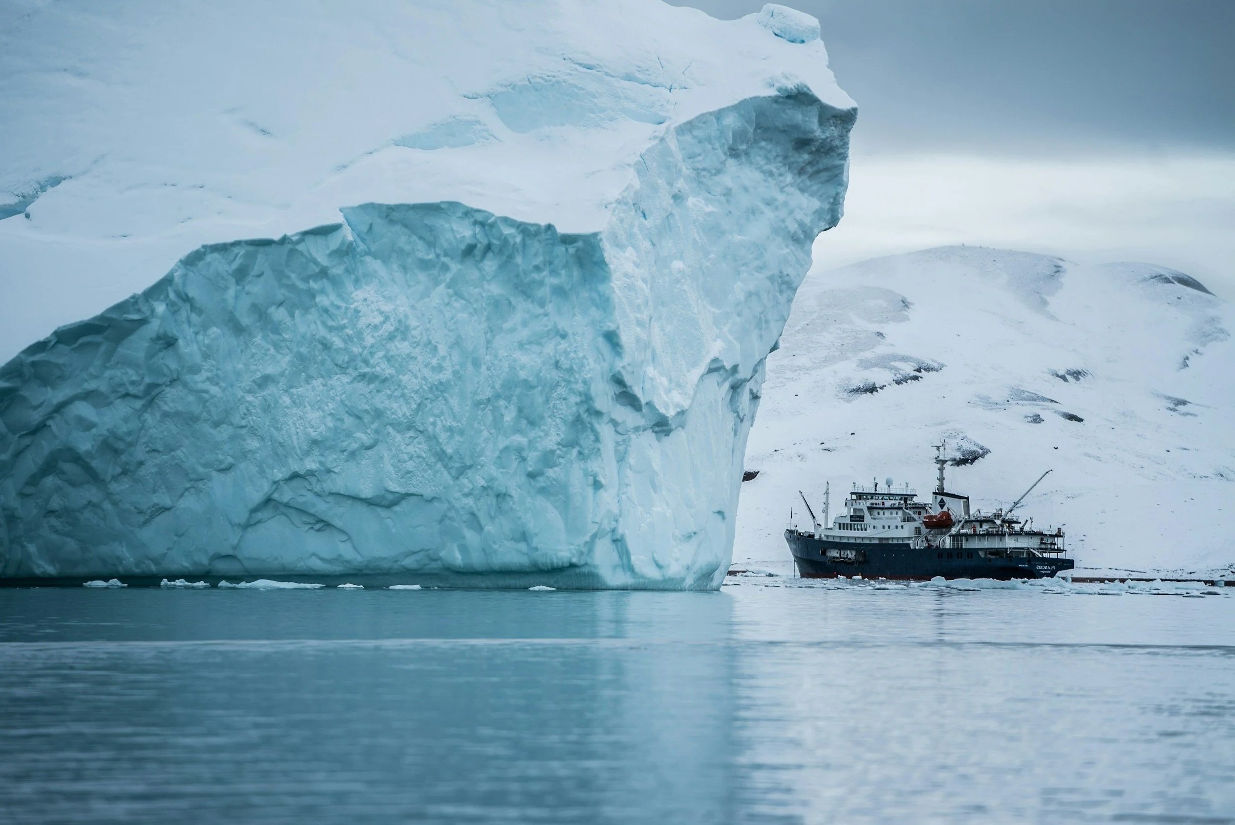 A large iceberg floating in icy water with a ship nearby in a cold, snowy landscape.