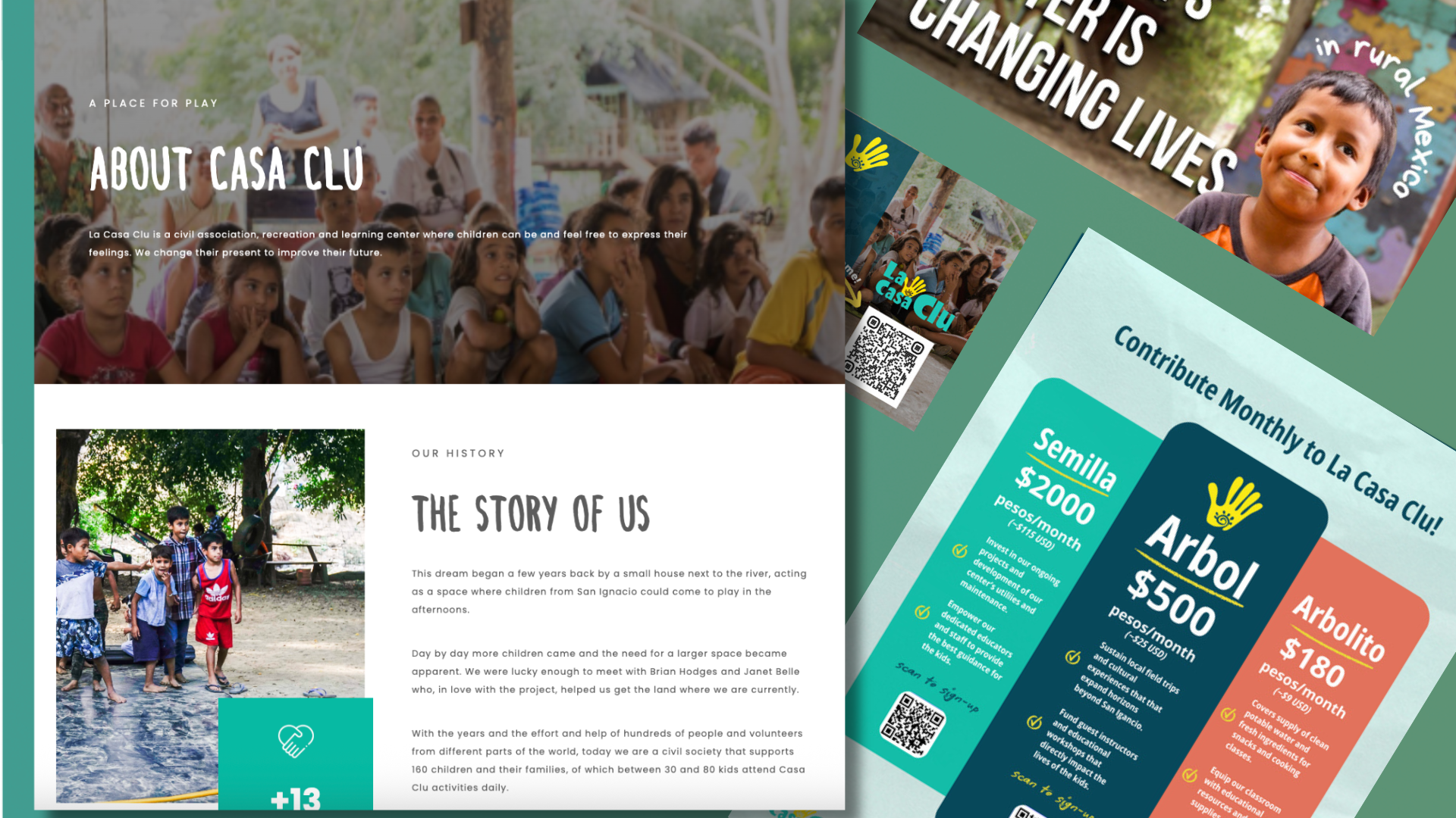 Collage of images and flyers for La Casa Clu, a children’s recreation and learning center, featuring children playing outdoors and information about contributions and activities.