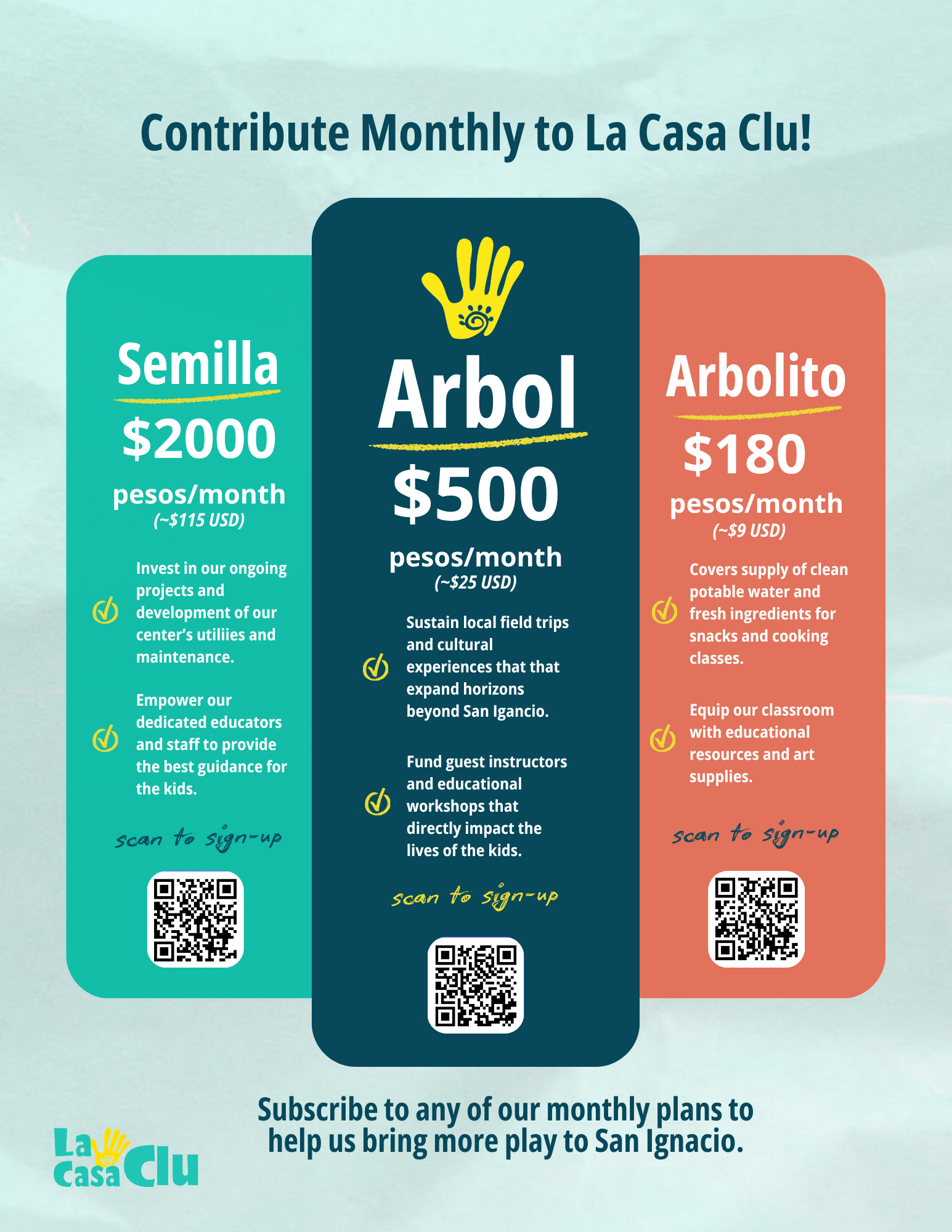 Colorful informational flyer with three donation options for La Casa Clu. The options include a monthly contribution for Semilla at $2000 pesos (~$115 USD), Arbol at $500 pesos (~$25 USD), and Arbolito at $180 pesos (~$9 USD). Each section contains a