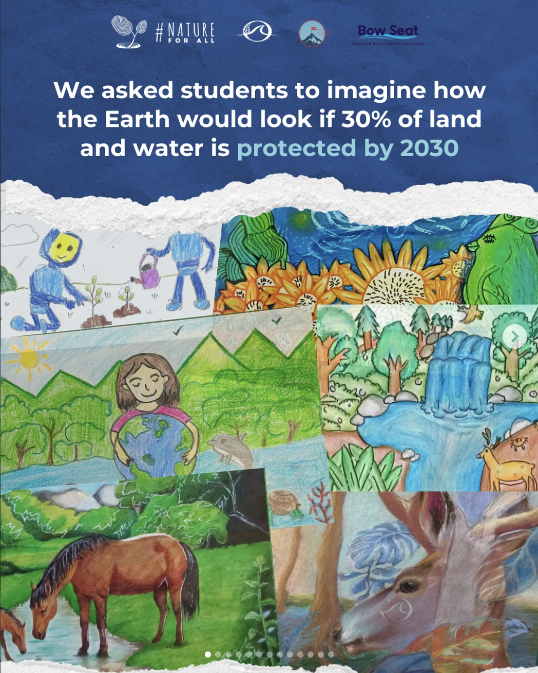 Children's drawings illustrating environmental conservation and protected natural landscapes, including forests, water bodies, animals, and sustainable practices.